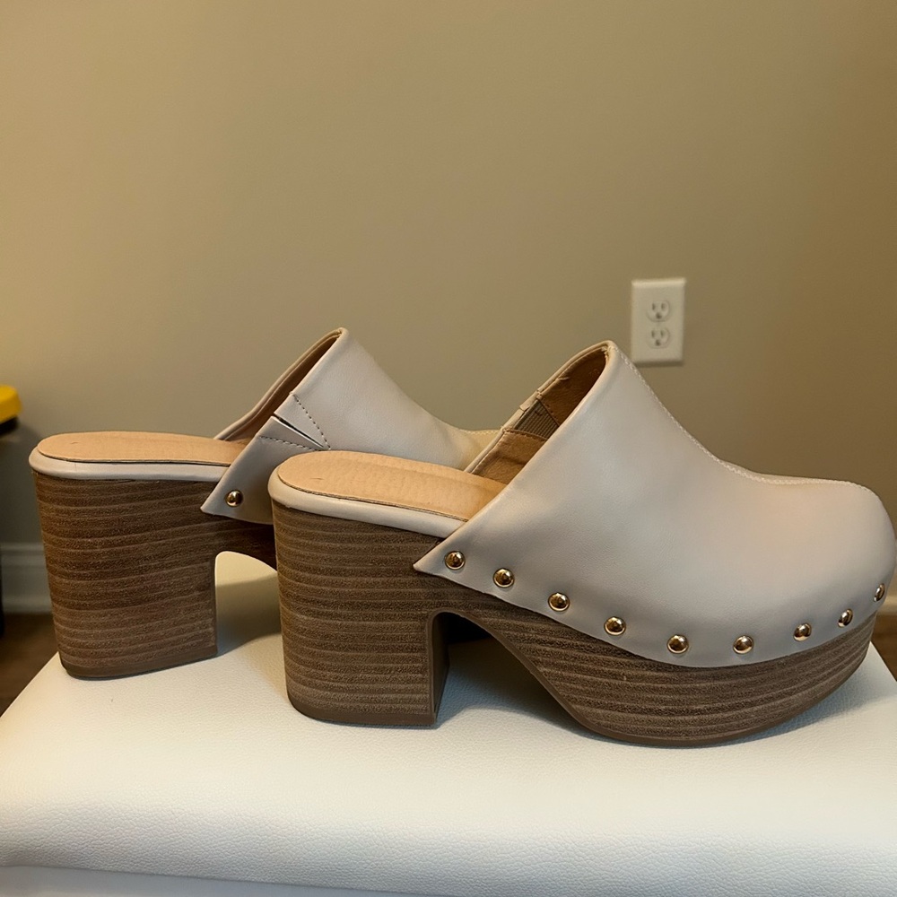 Neutral Leather Platform Clog Heels with Stud Detail